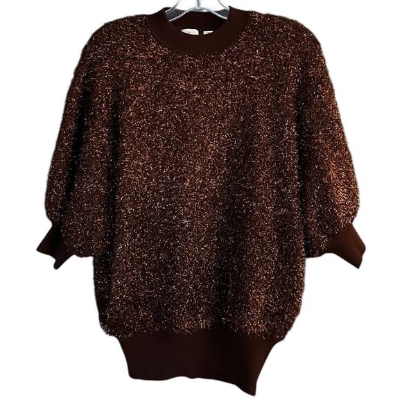 Anthropologie Maeve Violetta Tinsel Sweater Women’s M Chocolate Brown SS NEW - Picture 2 of 6